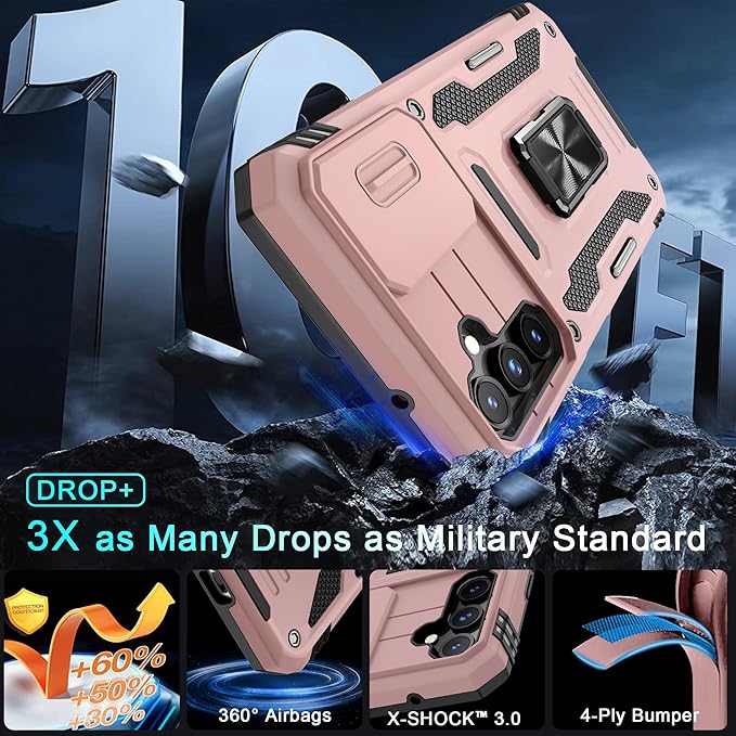 DEERLAMN Case for Samsung Galaxy S23 FE 6.4-Inch with Slide Camera Cover+Screen Protector(1 Pack),Rotated Ring Kickstand Military Grade Shockproof Protective Cover-Rose Gold