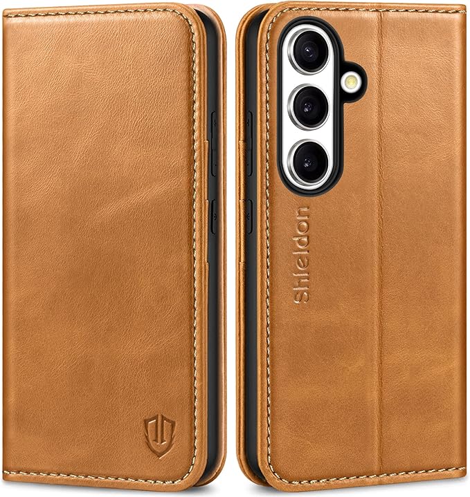 SHIELDON Wallet Case for Galaxy S25 5G, Genuine Leather Wallet Case with RFID Blocking Credit Card Holder Kickstand Magnetic Folio Protective Cover Compatible with Galaxy S25 6.2" - Retro Light Brown