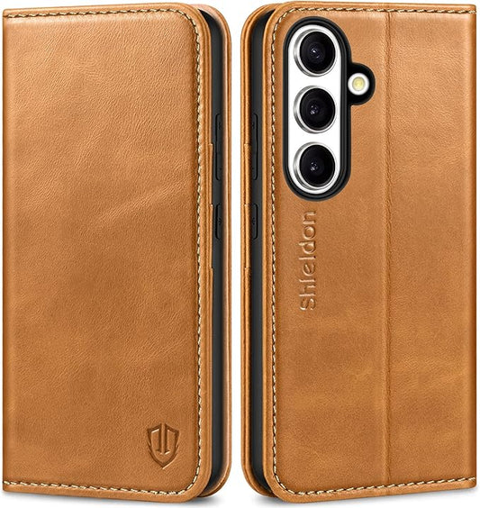 SHIELDON Wallet Case for Galaxy S25 5G, Genuine Leather Wallet Case with RFID Blocking Credit Card Holder Kickstand Magnetic Folio Protective Cover Compatible with Galaxy S25 6.2" - Retro Light Brown