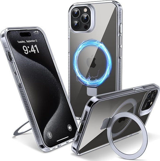 Magnetic Case for iPhone 15 Pro Max - [Built-in Invisible Stand] [Compatible with MagSafe] [Military Grade Drop Protection] Anti-Yellowing Hard Back Silicone Edge Cover, 6.7", Clear