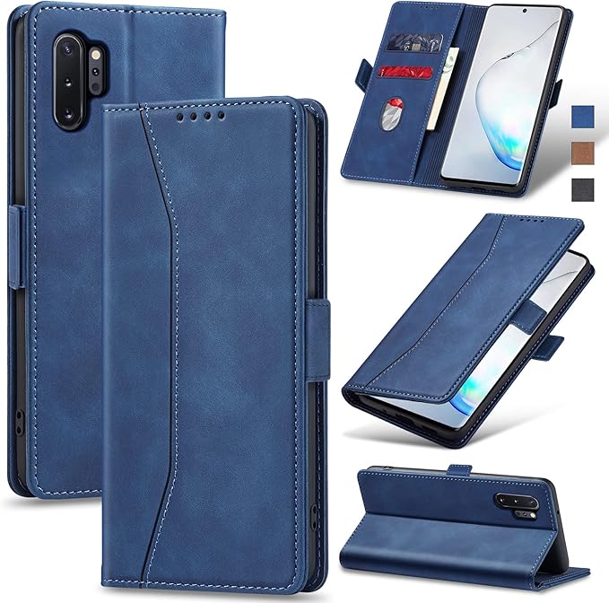 Jasonyu Flip Wallet Case for Samsung Galaxy Note 10 Plus,Leather Magnetic Folio Cover with Card Holder,Kickstand - TPU Shockproof Durable Protective Phone Case,Blue