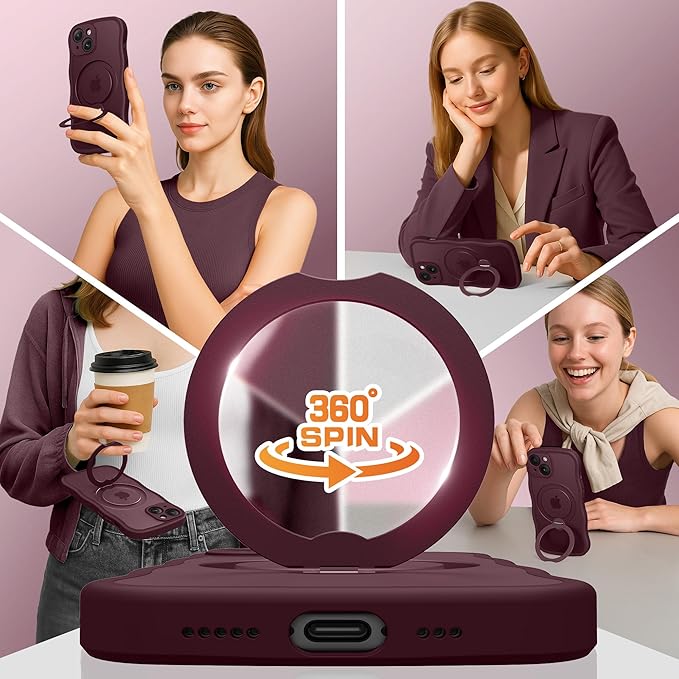 GolbinBox for iPhone 15 Plus Case for Women,[Compatible with Magsafe][360° Spin Magnetic Stand][Cute Wave Edge][Military-Grade Protection] Translucent Matte Phone Case for iPhone 15 Plus, Wine Red