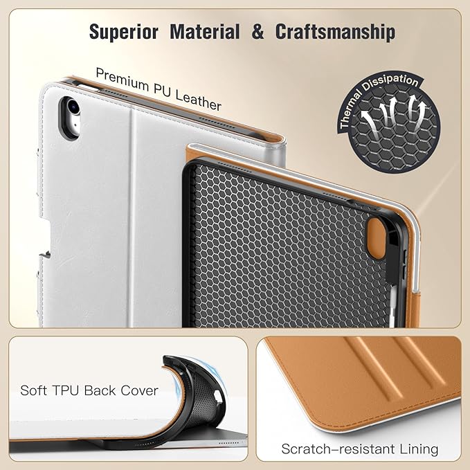 MoKo for iPad (A16) 11th Generation Case 11 inch 2025, iPad 10th Generation Case 10.9" 2022 with Pencil Holder & Pocket, Premium Leather Folio Stand Cover, Multiple Viewing Angles, White