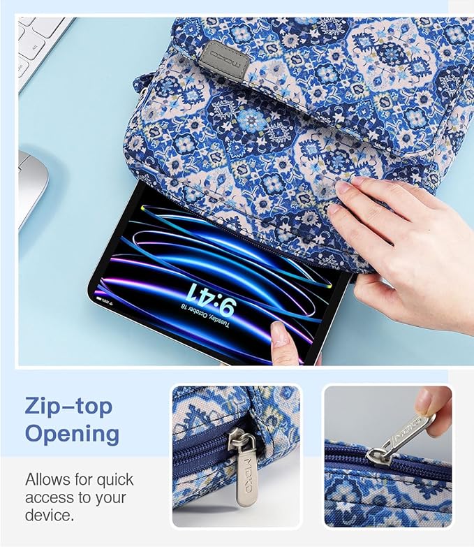 MoKo 9-11 Inch Tablet Sleeve Bag Handle Carrying Case with Shoulder Strap Fits 11inch iPad Air M3, iPad A16 2025, iPadPro 11", iPad109/8/7th Gen 10.2, Air 5/4th 10.9, Tab S8/S9 11", Blue Bohemia