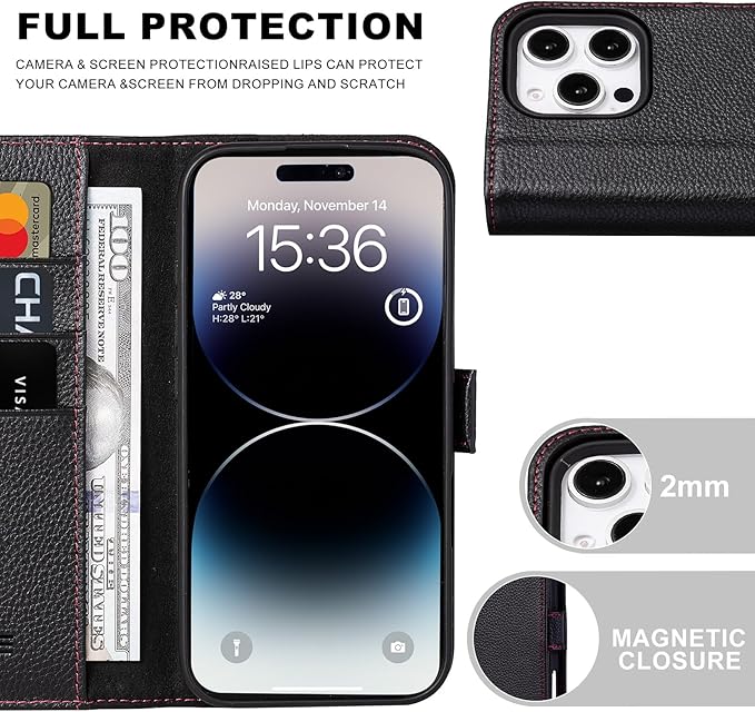 Case for iPhone 16 Pro Max 5G 2024-Genuine Leather Folio Wallet Magnetic Kickstand RFID Blocking Card Slots Shock-Absorbent Phone Cover Compatible with iPhone 16 Pro Max 6.9" (Black)