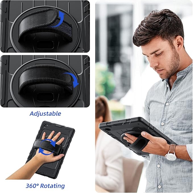 for Samsung Galaxy Tablet A8 Case 10.5 inch 2022 SM-X200/X205/X207 with Screen Protector [360 Rotating Stand] &Hand Shoulder Strap Shockproof Rugged Protective Cover|Black