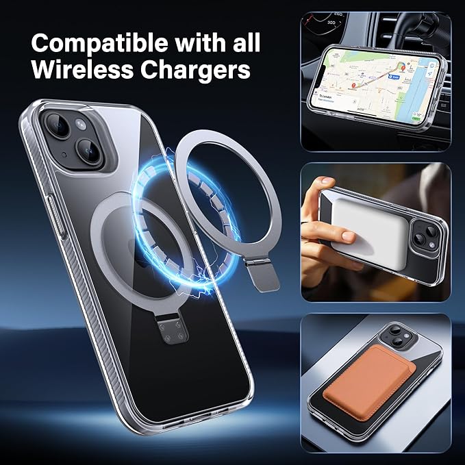 Magnetic Case for iPhone 13/14 - [Built-in Invisible Stand] [Compatible with MagSafe] [Military Grade Drop Protection] Anti-Yellowing Hard Back Silicone Edge Cover, 6.1", Clear
