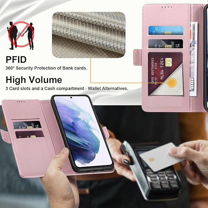 Wallet Flip Case for Samsung Galaxy S21 5G - [RFID Blocking] Luxury PU Leather Card Holder Magnetic Phone Cover with Kickstand,Shockproof Protective Case,Pink