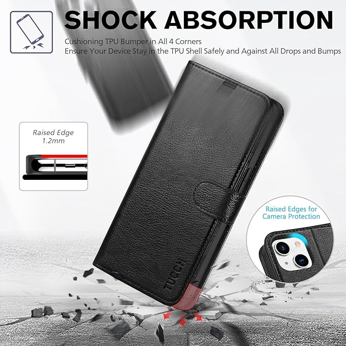 TUCCH Wallet Case for iPhone 14, [RFID Blocking] [4 Card Slots] TPU Interior Protective Case, Magnetic Folio Shockproof PU Leather Stand Flip Cover Compatible with iPhone 14 6.1 5G, Textured Black