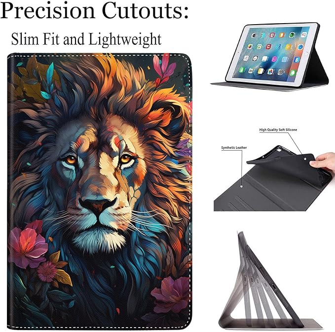 Case for Galaxy Tab A9 Plus ， Auto Sleep/Wake Multi-Angle Viewing Slim Folio Stand Cover for Samsung Galaxy Tab A9+/A9 Plus 11 Inch 2023 (SM-X210/X216/X218), Color Lion with Flowers