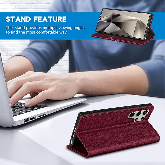 ZZXX for Samsung Galaxy S25 Ultra Wallet Case with [RFID Blocking] Card Slot Stand Strong Magnetic Leather Flip Fold Protective Phone Case for Samsung Galaxy S25 Ultra Case Wallet(Wine Red-6.8 inch)