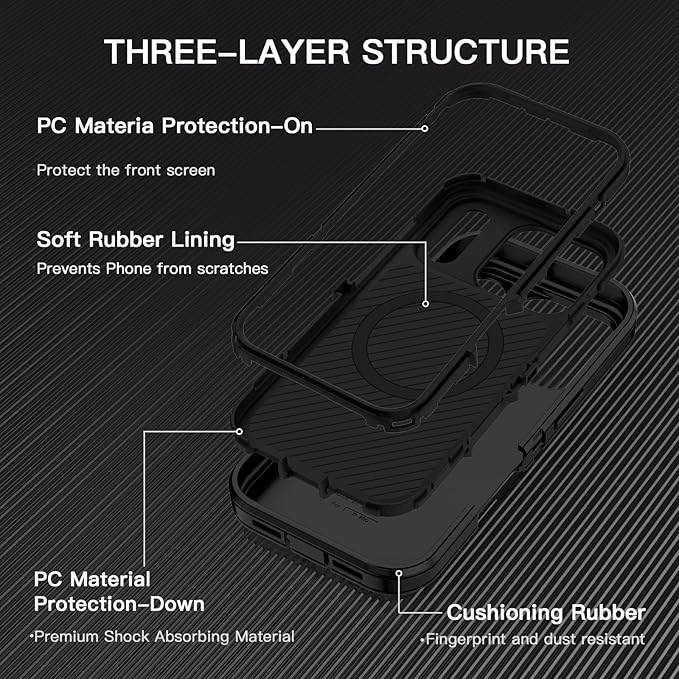 for iPhone 17 Pro Case [Compatible with MagSafe] Shockproof 3-Layer Full Body Protection [Without Screen Protector] Rugged Heavy Duty Cover Case for Apple iPhone 17 Pro 6.3" 2025,Black