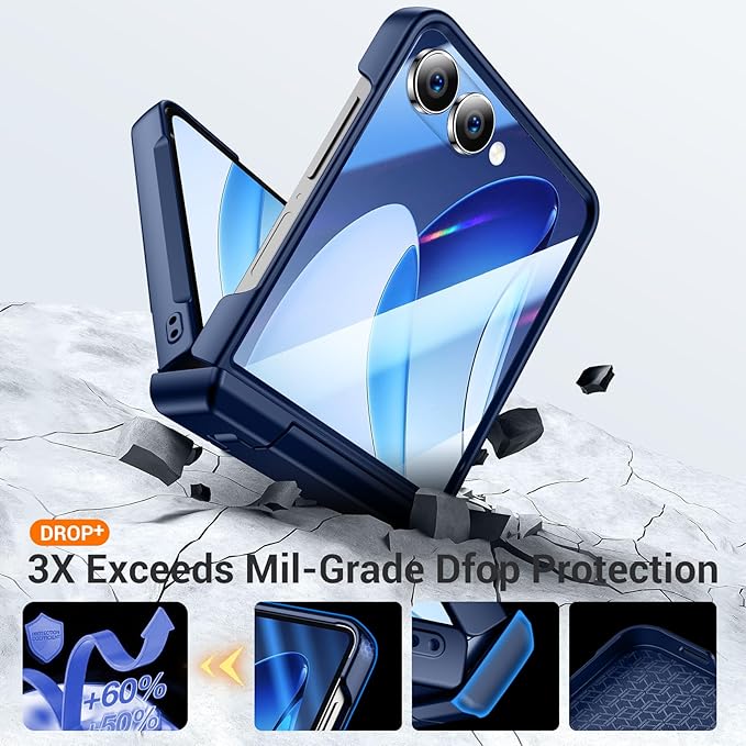 Temdan for Samsung Galaxy Z Flip 7 Case with [Built-in Front Screen Protector] [Kickstand][Hinge Protection][Hard PC] Ultra-Thin Shockproof Protective Phone Case for Galaxy Z Flip 7-NavyBlue