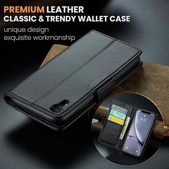 for iPhone XR Case, Premium PU Leather Wallet Case Flip Cover with [RFID Blocking][Card Holder][Stand Function] Shockproof Protective for Apple iPhone XR, Black