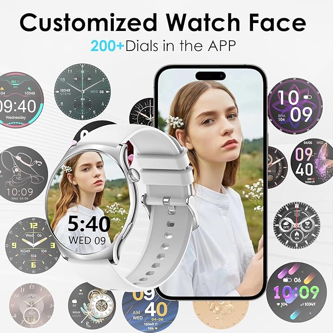 Smart Watch for Women, 1.43" HD AMOLED Bluetooth Call Smartwatch Compatible Android iPhone Phones with Fitness Tracker Counter/Heart Rate/Sleep Monitor/120+ Sports/IP68 Waterproof, Silver 2 Bands
