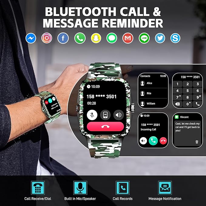 Military Smart Watches for Men (Make/Answer Call) 1.96" Screen Outdoor Activity Tracker with 100+ Sport Modes Health Monitor 3ATM Waterproof Smartwatch (Camouflage Green)