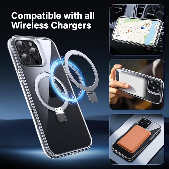Magnetic Case for iPhone 16 Pro Max - [Built-in Invisible Stand] [Compatible with MagSafe] [Military Grade Drop Protection] Anti-Yellowing Hard Back Silicone Edge Cover, 6.9", Clear