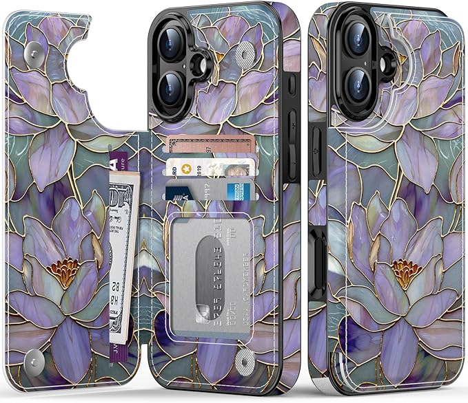 FUNMIKO for iPhone 16 Plus Wallet Case with Card Holder, RFID-Blocking, Military-Grade Protection & UV-Printed Artwork, Magnetic Closure with Leather Kickstand - Dreamy Lotus