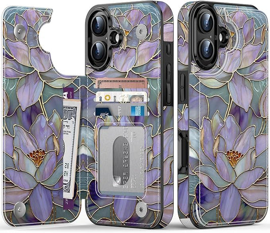 FUNMIKO for iPhone 16 Plus Wallet Case with Card Holder, RFID-Blocking, Military-Grade Protection & UV-Printed Artwork, Magnetic Closure with Leather Kickstand - Dreamy Lotus
