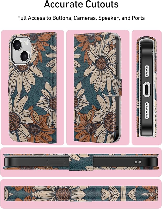 DEENAKIN for iPhone 15 Wallet Case with Card Holder + Cash Clip, RFID-Blocking, Military-Grade Drop Protection, Magnetic Closure with Leather Kickstand - Floral Daisy Pattern