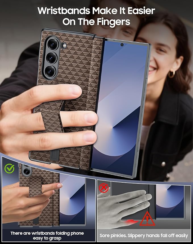 for Samsung Galaxy Z Fold 6 Case with Hand Strap & Kickstand & Hinge Protection, Ultra Slim Skin Feel Pattern Printing Full Body Shockproof Phone Case for Z Fold 6, No Screen Protector (Brown)