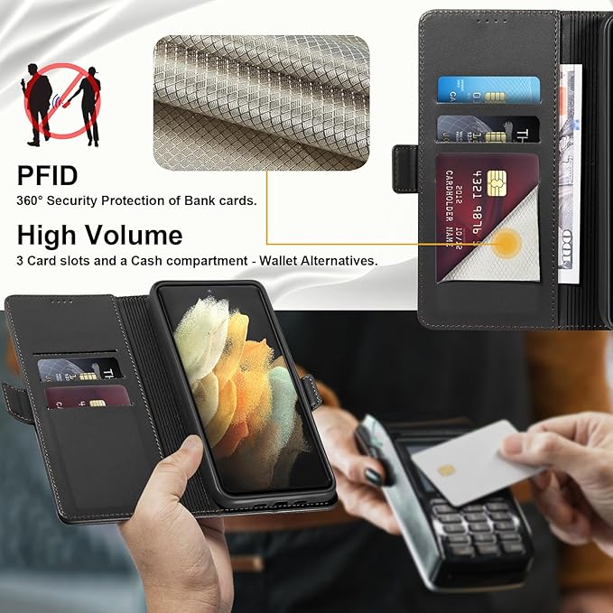 Wallet Flip Case for Samsung Galaxy S21 Ultra 5G - [RFID Blocking] Luxury PU Leather Card Holder Magnetic Phone Cover with Kickstand,Shockproof Protective Case,Black