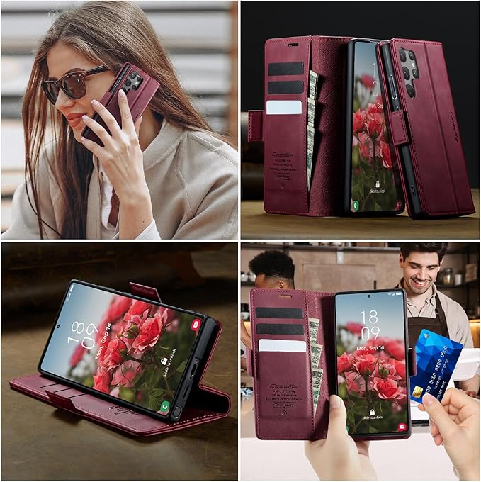 Wallet Case for Samsung Galaxy S23 Ultra Leather Wallet Flip Cover with Card Holder, Kickstand, Magnetic Closure, RFID Blocking TPU Shockproof Phone Case Compatible with S23 Ultra, Red