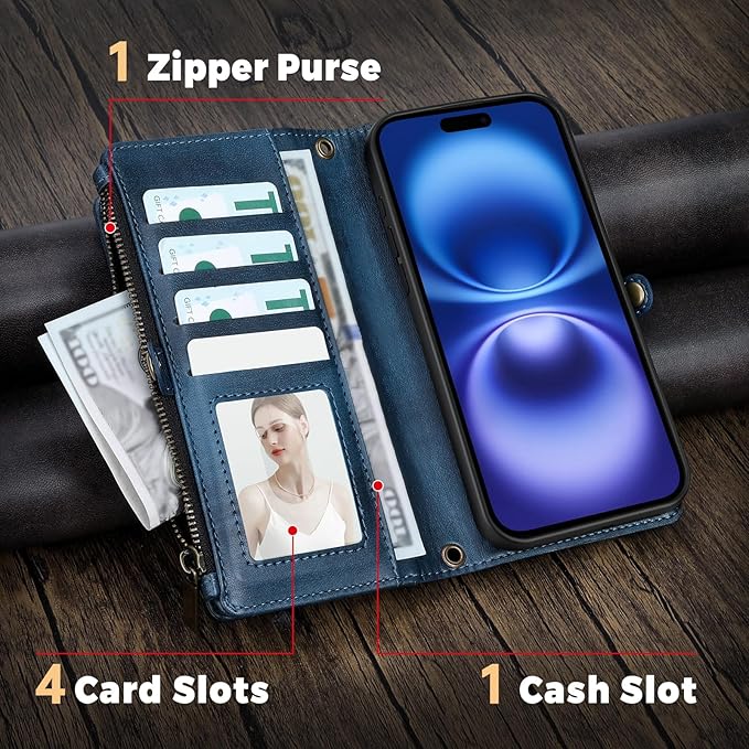 for iPhone 16 Wallet Phone Case with 7 Card Holder,RFID Blocking | PU Leather | Kickstand | Flip | Wrist Strap&Shoulder Strap | Shockproof | Zipper Wallet | Women Men | 6.1" | Blue