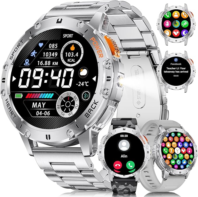 Military Smart Watches for Men(Answer/Make Calls) with LED Flashlight,530mAh Large Battery,1.43’’ AMOLED 5ATM Waterproof Smartwatch for Android iOS,100+Sport Modes,Sliver