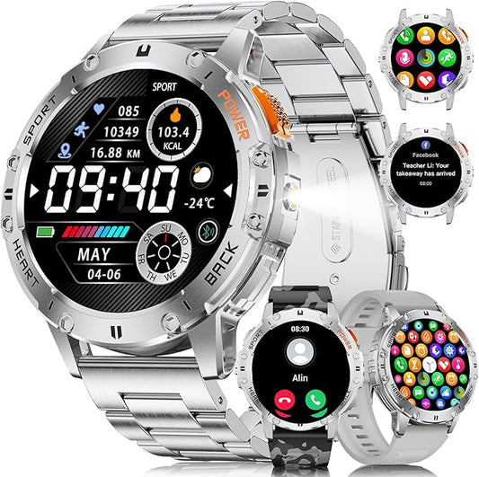 Military Smart Watches for Men(Answer/Make Calls) with LED Flashlight,530mAh Large Battery,1.43’’ AMOLED 5ATM Waterproof Smartwatch for Android iOS,100+Sport Modes,Sliver