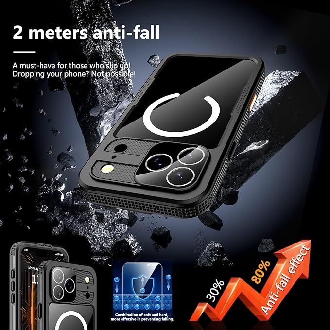GOLDJU Magnetic for iPhone 17 Pro Max Case-Waterproof, Built-in Screen & Camera Protector-IP68 Underwater Full Body 16FT Military Dropproof Shockproof Case for 17 Pro Max 6.9''- Black