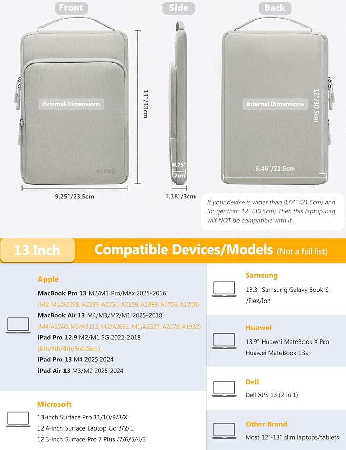 HYZUO 13 Inch Laptop Bag Sleeve for MacBook Air 13 M4 M3 M2 M1 2025-2018, MacBook Pro 13 M2 M1 2025-2016, 13" iPad Pro/Air, Surface Pro, XPS 13, Protective Case for 12"-13" Tablet, Light Gray