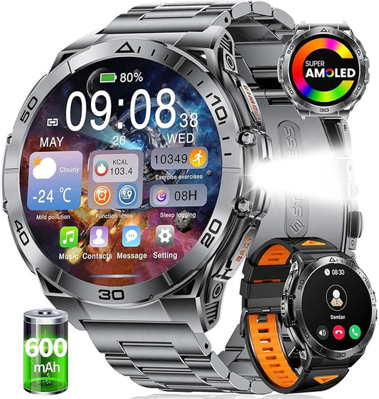 EF16 Smart Watch for Men (Answer/Make Calls), 1.6" AMOLED HD Fitness Watches with LED Flashlight, 600mAh Battery/2 Straps/100+ Sports/IP68 Waterproof Smartwatch for Android iPhone Compatible