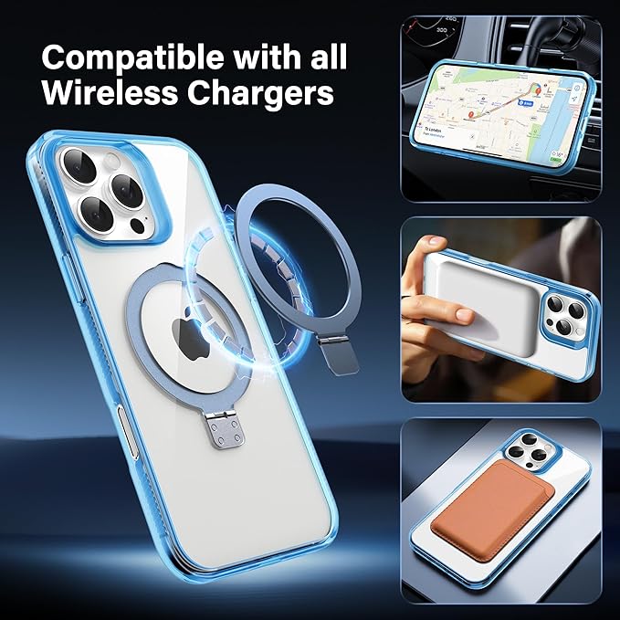 Magnetic Case for iPhone 16 Pro Max - [Built-in Invisible Stand] [Compatible with MagSafe] [Military Grade Drop Protection] Anti-Yellowing Hard Back Silicone Edge Cover, 6.9", Clear Blue