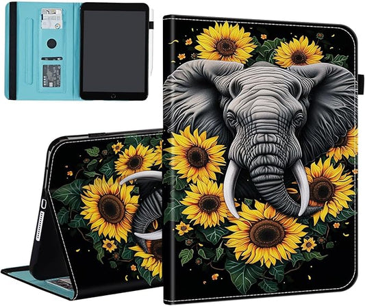Case for Samsung Galaxy Tab S9 FE 5G 10.9 Inch/Galaxy Tab S9 11 Inch 2023,Card Slot PU Leather TPU Case Pen Holder Auto Wake Sleep,Sunflower Elephant