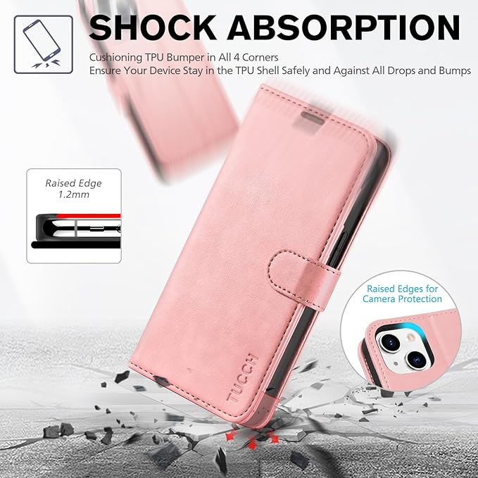 TUCCH Wallet Case for iPhone 14 6.1-inch 5G, [TPU Shockproof Inner Shell] PU Leather [RFID Blocking] 4 Credit Card Holder Magnetic Kickstand Flip Cover Compatible with iPhone 14 (6.1"), Rose Gold