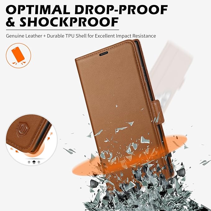 SHIELDON Case for Galaxy S25 Ultra, Genuine Leather Wallet Case with Kickstand RFID Blocking Card Holder Magnetic Shock Absorbing Cover Compatible with Galaxy S25 Ultra 6.9" 2025 - Nappa Saddle Brown