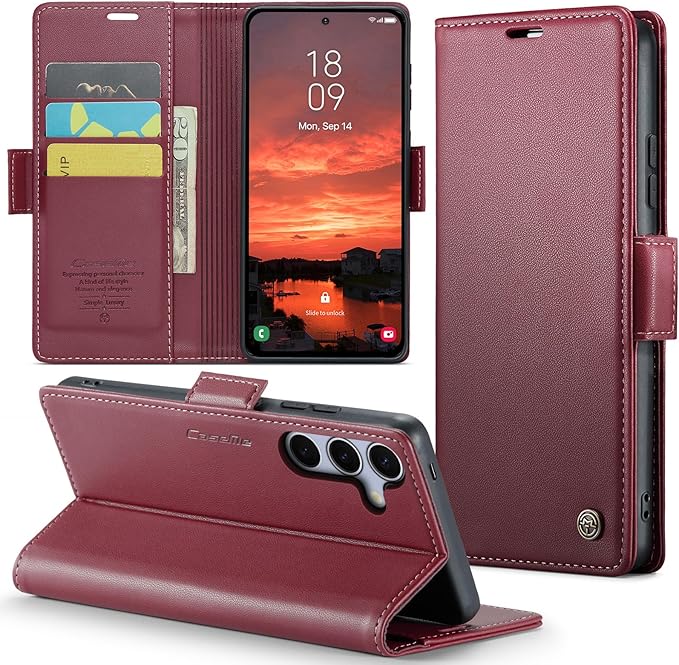 for Samsung Galaxy S25 Case, Premium PU Leather Wallet Case Flip Cover with [RFID Blocking][Card Holder][Stand Function] Shockproof Protective for Samsung Galaxy S25, Red