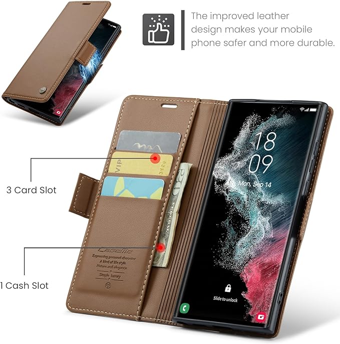 Case for Samsung Galaxy S22 Ultra Wallet Case, RFID Blocking PU Leather Flip Folio Cover Card Holder Kickstand Shockproof Phone Case Compatible with Samsung Galaxy S22 Ultra, Brown