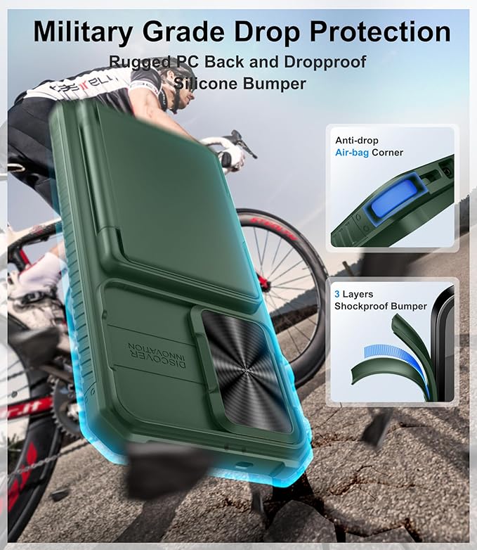 Multifuncional Case for Samsung Galaxy S25+ Plus, Card Holder (4-5 Cards), RFID Block, Slide Lens Cover & Military Drop Protection, Heavy Duty Men Women Wallet Case for Samsung S25+ Plus, Green