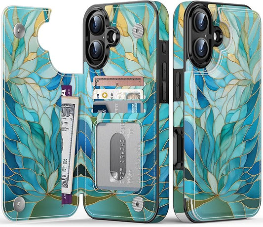 FUNMIKO for iPhone 16 Plus Wallet Case with Card Holder, RFID-Blocking, Military-Grade Protection & UV-Printed Artwork, Magnetic Closure with Leather Kickstand - Sleek Cyan Leaf