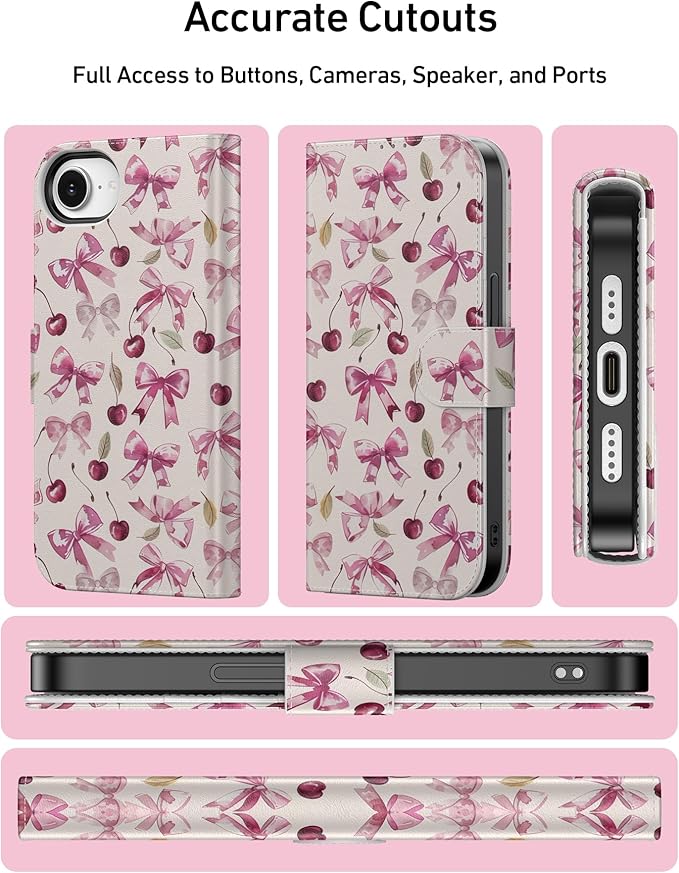 DEENAKIN for iPhone 16e Wallet Case with Card Holder + Cash Clip, RFID-Blocking, Military-Grade Drop Protection, Magnetic Closure with Leather Kickstand - Cherry & Bowknot