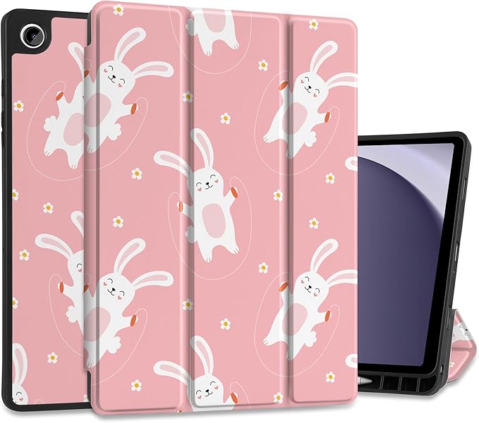 MEEgoodo Case for Samsung Galaxy Tab A9 Plus 11 inch Cover 2024 2023 with S Pen Holder, A9+ Smart Tablet Cases with Leather Trifold Stand+Soft TPU Back Shell+Smart Auto Wake/Sleep,Bunnies Jumping Rope