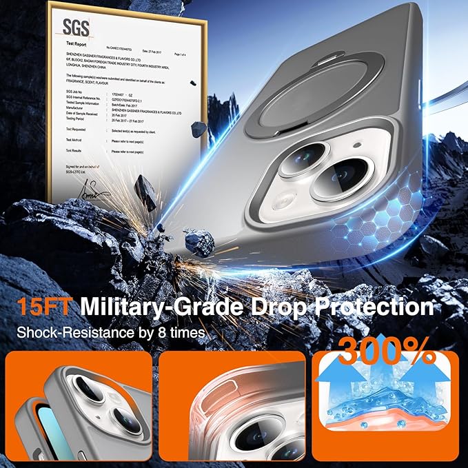 360° O-Ring MagStander for iPhone 13 Case, iPhone 14 Case with Magnetic Stand Ring Holder [Compatible with MagSafe][15FT Military Shockproof] Kickstand iPhone 13/14 Phone Cover Matte Grey