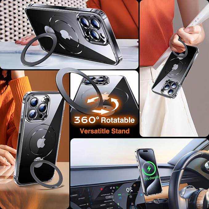360° O-Ring MagStander for iPhone 15 Pro Case with Magnetic Kickstand Ring Holder [Compatible with MagSafe][360°Rotate Stand Ring][Military Shockproof] iPhone 15 Pro Phone Cover Clear