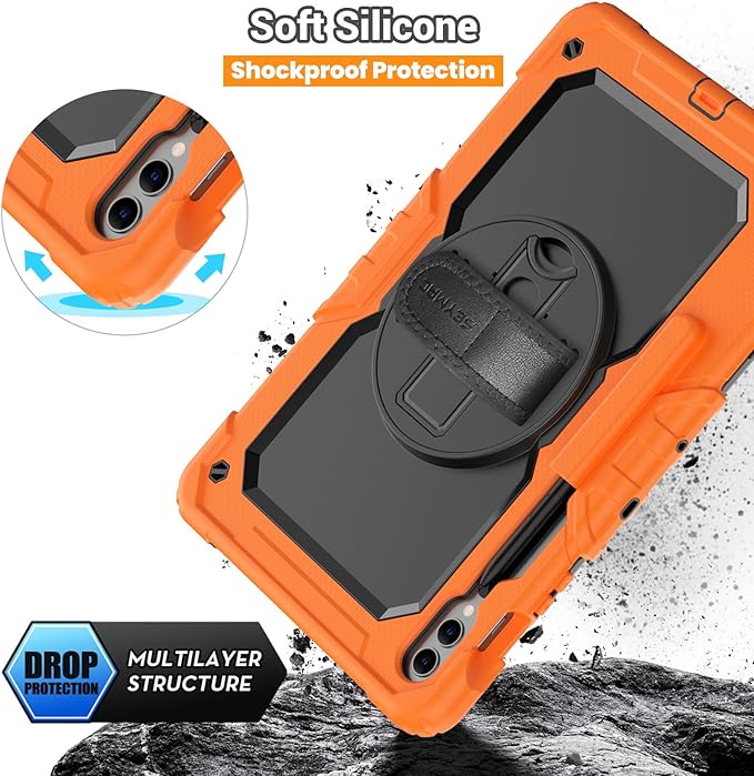 SEYMAC Case for Samsung Galaxy Tab S10+/S9 FE+/S9+ Plus 12.4" - Heavy Duty Shockproof Protective Case with Screen Protector, Stand, Hand/Shoulder Strap and Pen Holder, Orange