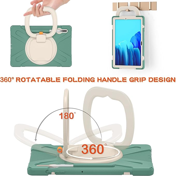 360 Rotation Portable Case for Galaxy Tab S8+/S7 FE/S7+ 12.4 Inch Case with S Pen Holder Rugged Case Rotating Stand Hand Strap Shoulder Carrying Strap Outdoor Cover (DarkGreen)