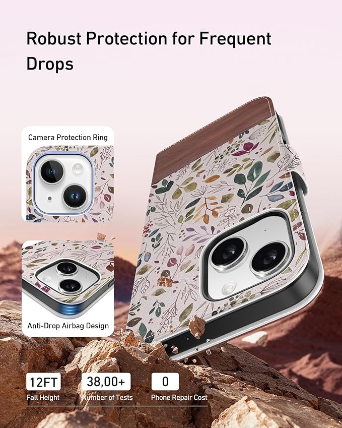 DEENAKIN for iPhone 15 Plus Wallet Case with Card Holder + Cash Clip, RFID-Blocking, Military-Grade Drop Protection, Magnetic Closure with Leather Kickstand - Vibrant Foliage