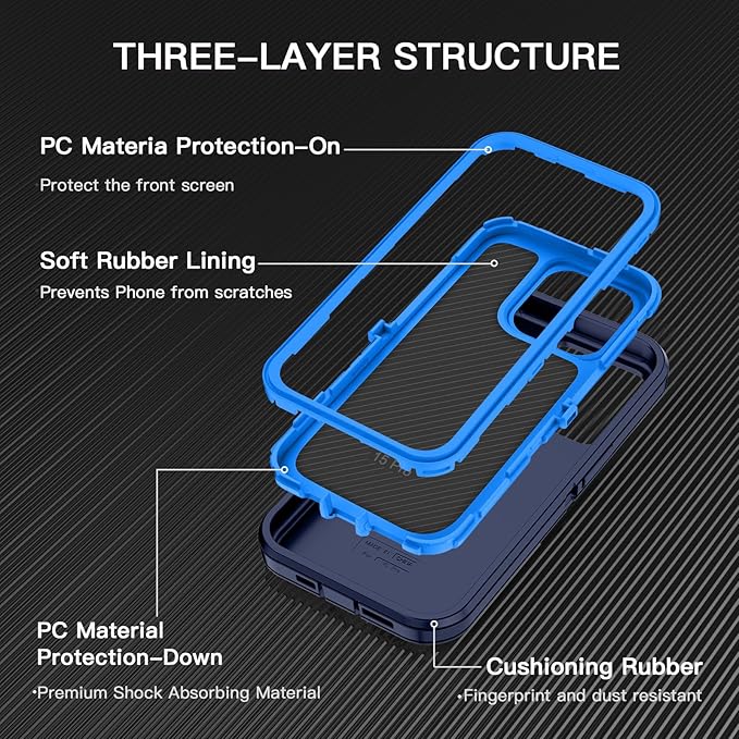 for iPhone 15 Pro Case Shockproof Dust/Drop Proof 3-Layer Full Body Protection [Without Screen Protector] Rugged Heavy Duty Cover Case for Apple iPhone 15 Pro 6.1" 2023,Navy Blue