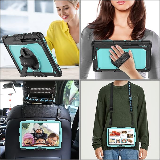 SEYMAC stock Case for Samsung Galaxy Tab S7 FE / S8 Plus 5G Case 12.4'' with Screen Protector Pencil Holder [360 Rotating Hand Strap] &Stand, Drop-Proof, SkyBlue/Black